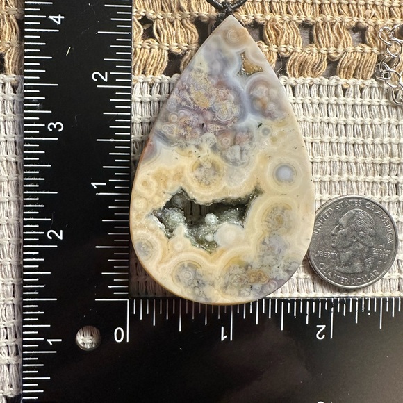 Large Ocean Jasper Teardrop Pendant Necklace on Thin Leather Rope - Picture 12 of 12